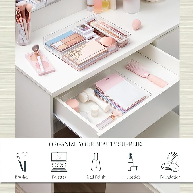 STORi SimpleSort 2-Piece Stackable Clear Drawer Organizer Set | 15" x 6" x 2" Rectangle Trays | Wide Makeup Vanity Storage Bins and Office Desk Drawer Dividers | Made in USA - Image 3