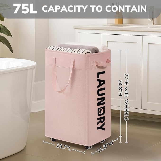 CHICVITA Slim Laundry Hamper with Wheels 75L, Collapsible Rolling Laundry Basket for Living Room, Pink Laundry Hamper for College Dorm - Image 3