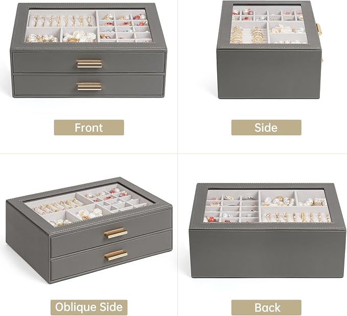 AKOZLIN Jewelry Box with Clear Lid Functional Leather Jewelry Storage Organizer Case 2 Drawers for Women Girls Necklace Ring Bracelet Earring - Image 3
