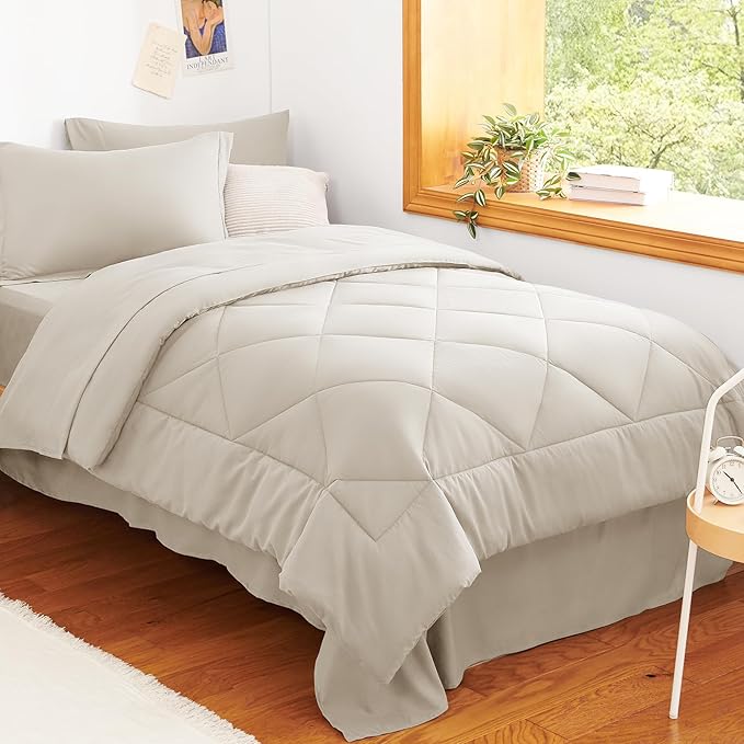 CozyLux Twin XL Comforter Set Beige - 5 Pieces Twin Extra Long Bed in a Bag for College Dorm, All Season Bedding Set for Girls and Boys, Soft Bed Set with Comforter, Sheets, Pillowcase & Sham