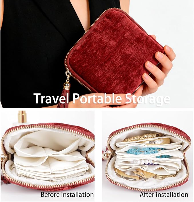 ASINGYER Travel Jewelry Storage Bag for Women, Velvet Portable Jewelry Organizer with Tassel Zipper, Small Pouches for Bracelets Necklaces Rings Earrings, Wedding Gift for Women (Wine red) - Image 3