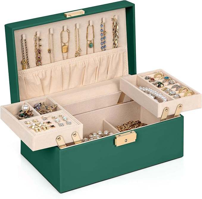 AKOZLIN Travel Jewelry Box Organizer Functional 2-trays Leather Jewelry Storage Case with Lockable Portable for Women Girls Ring Necklace Earring Bracelet by AKOZLIN