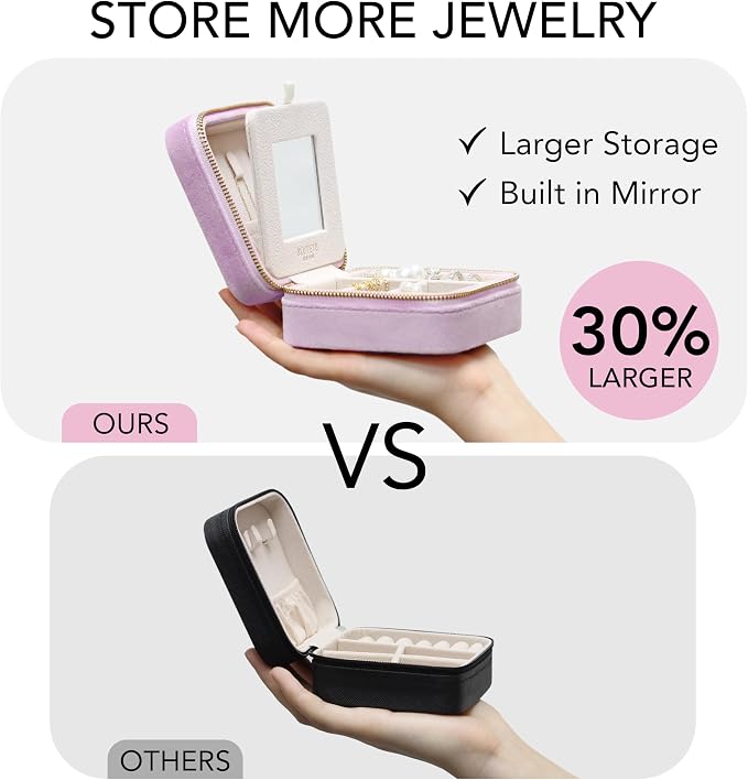 BLUTETE Travel Jewelry Box Organizer Velvet Travel Case With Mirror Rings Earrings Necklaces Storage Organizer Box (Lavender) - Image 3