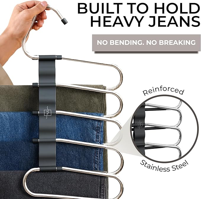 MORALVE Pants Hangers Space Saving - 4 Pack - Non-Slip Multi-Layer Space Saving Hangers - Multifunctional Clothing Rack for Closet Storage - Ideal for Jeans, Trousers, Skirts, Scarves & Slacks (Black) - Image 4
