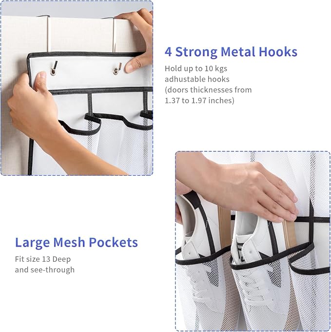 SAVERHO 35 Pockets Over the Door Shoe Organizer, Hanging Shoe Organizer for Door with 35 Mesh Pockets Large Capacity Shoe Hanging Storage Bag with 4 Metal Hooks (White-1Pack) - Image 4