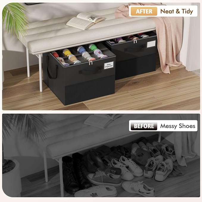 NestOrganix 2 Pack Shoe Organizer for Closet, Large Shoe Box Storage Containers, Foldable Shoe Storage Organizer Box Bin with Adjustable Dividers and Clear Cover, Space Saving Shoes Holder, Black - Image 4