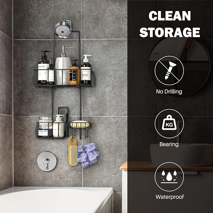Epicano Shower Caddy Hanging, Anti-Swing Over Head Shower Caddy Rustproof with Hooks for Towels, Sponge and More, Matte Black - Image 2