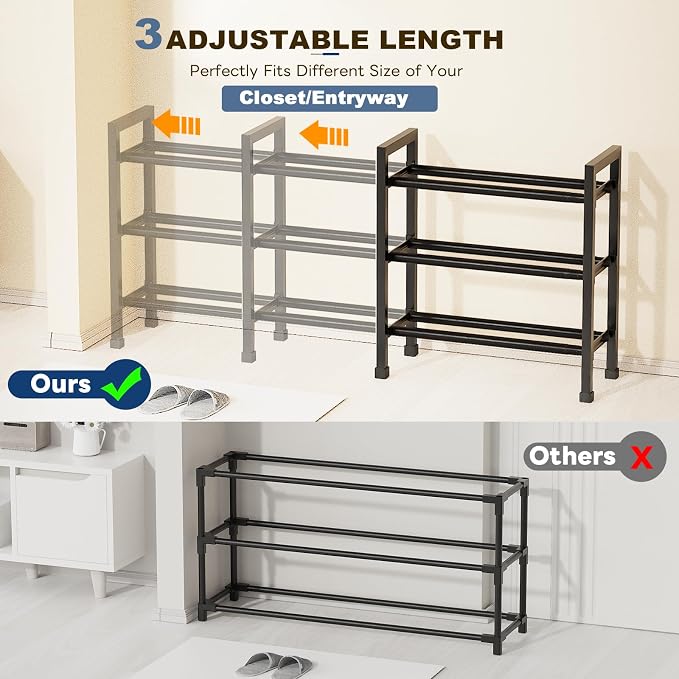 Mavivegue 19“- 43” Adjustable Shoe Rack, 3 Adjustable Length, 3 Tier Expandable Shoe Rack for Closet, Entryway, Shoe Shelf, Black - Image 4