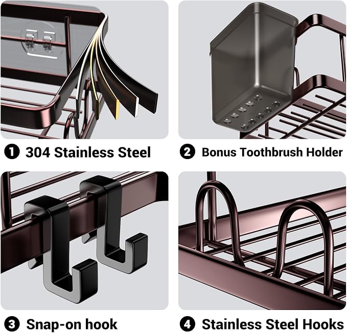 AKTECKE Shower Caddy Corner Organizer: 2Pack Adhesive Shower Shelf Essentials - No Drilling Stainless Steel Bathroom Storage Rack with Hooks and Toothpaste Holder - Shower Accessories - Image 5