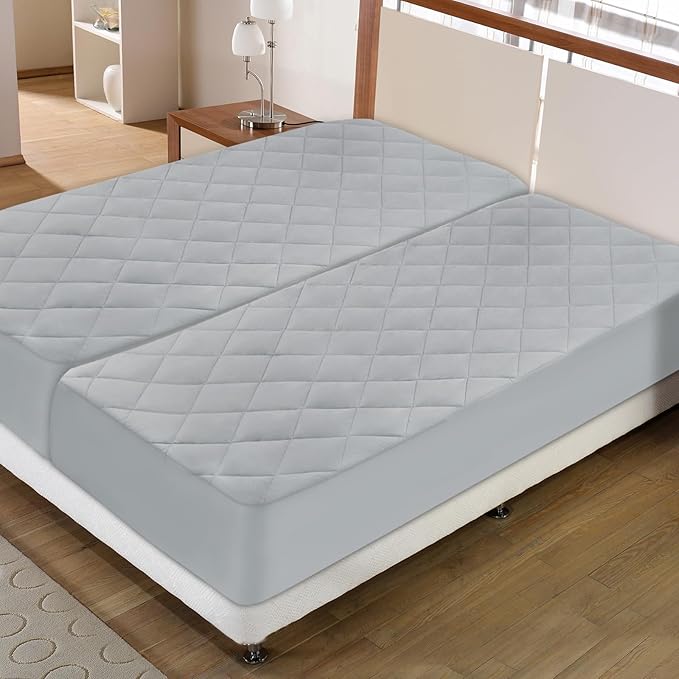 Split King Mattress Pad Waterproof Quilted, Fitted Mattress Protector Cover 39" X 80" 2 Pack Noiseless & Soft, Split King Mattress Topper for Adjustable Bed, Grey