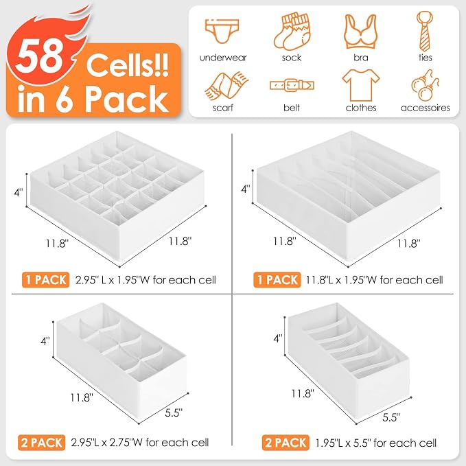 6 Pack Sock Underwear Drawer Organizer Dividers, 58 Cell Foldable Fabric Dresser Closet Organizers and Storage Bins for Clothing, Baby Clothes, Bra, Panty, Scarf, Ties (White) - Image 4