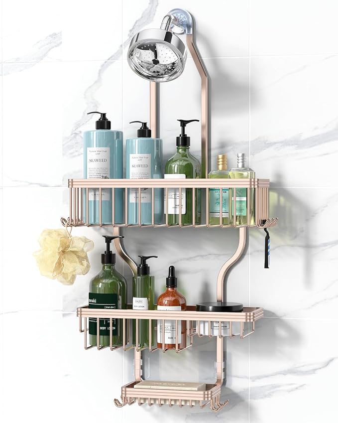 YASONIC Shower Caddy Hanging - Never Rust Shower Organizer - Aluminum over The shower head caddy with 10 Hooks for Razor/Sponge - Shower Rack with Soap Basket - Rose Gold by YASONIC