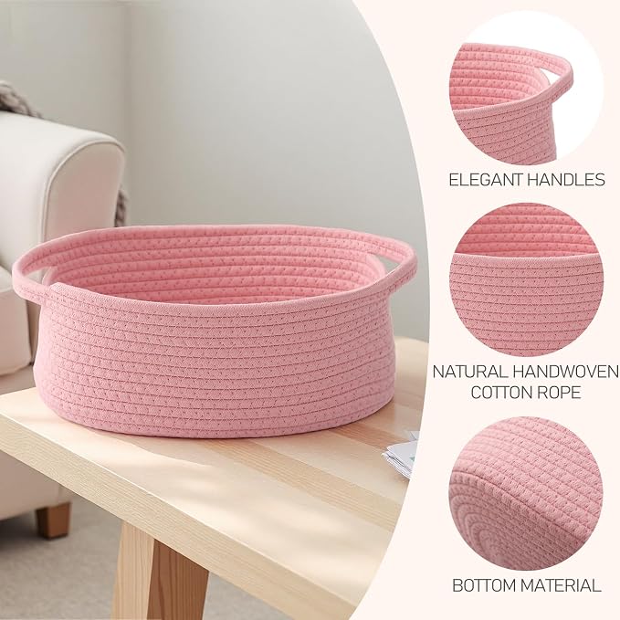 JMvicyroam Woven Basket,Small Rope Storage Bin with Handles & Ribbon Bag, Organizer for Shelves Closets,Gift Basket Empty for Birthday,Books,Dog Toys, Pink/3 Pack - Image 3