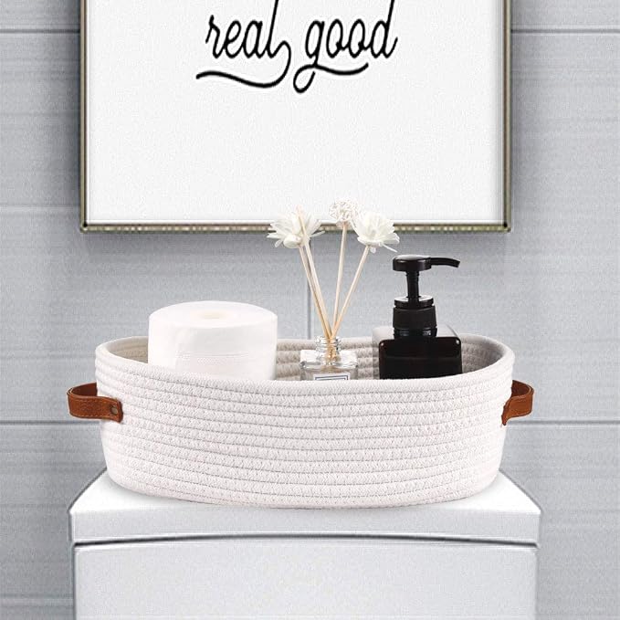 Woven Storage Basket for Toilet Tank Top,Farmhouse Home Decor Organizing Baskets for Bathroom,Table and Counter 13"x5.9"x4" White - Image 3