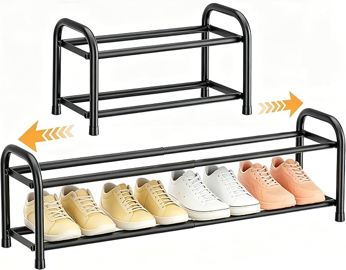 ENJOYBASICS 2 Tier Expandable Shoe Rack for Closet, Free Standing Metal Shoe Shelf Storage Organizer Holder 8 Pairs, Adjustable Width Shoe Rack for Entryway Small Space, Black by ENJOYBASICS