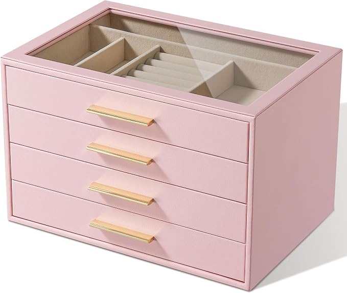pickpiff Jewelry Box Organizer Case for Women: 4-Layer Jewelry Storage Case with Glass Window, Pink Leather with Velvet Holder for Ring Necklace Bracelet Brooch Watch, Great Gift for Her by pickpiff