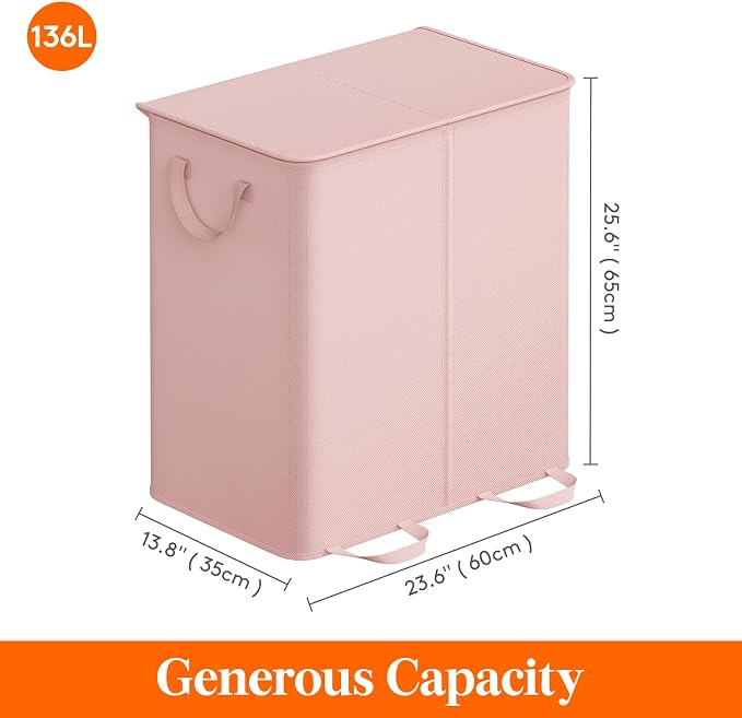 Lifewit Double Laundry Hamper with Lid and Removable Laundry Bags, Large Collapsible 2 Dividers Dirty Clothes Basket with Handles for Bedroom Laundry Room Closet Bathroom College, 136L Pink - Image 5