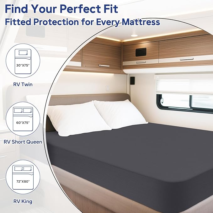 RV Short Queen Mattress Protector, Waterproof Mattress Cover with 14" Deep Pocket Bed Cover, Fitted Sheet Style Noiseless Breathable Machine Washable, Dark Gray (60'' X 75'')