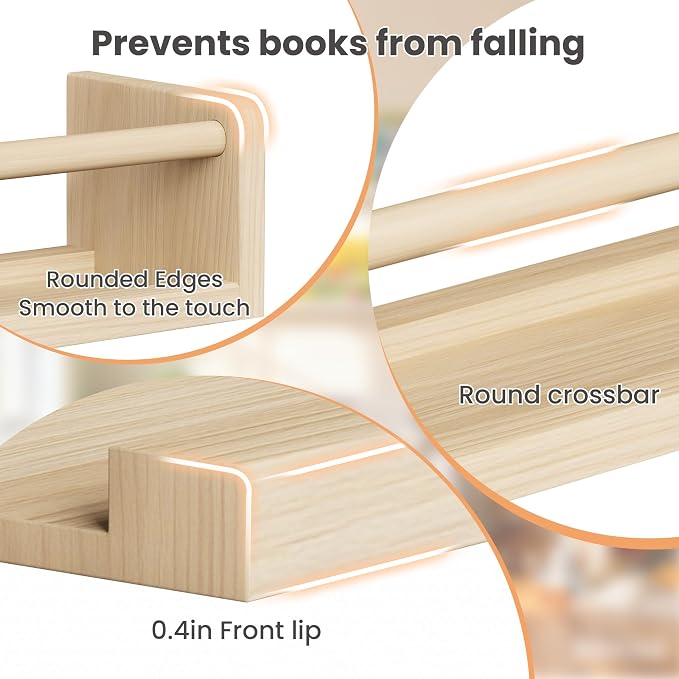 upsimples 2 Pack Nursery Book Shelves, 15.7 Inch Floating Bookshelves for Wall, Baby Nursery Decor, Small Solid Wood Wall Mounted Shelves for Baby Kids Boys Girls, Natural - Image 4