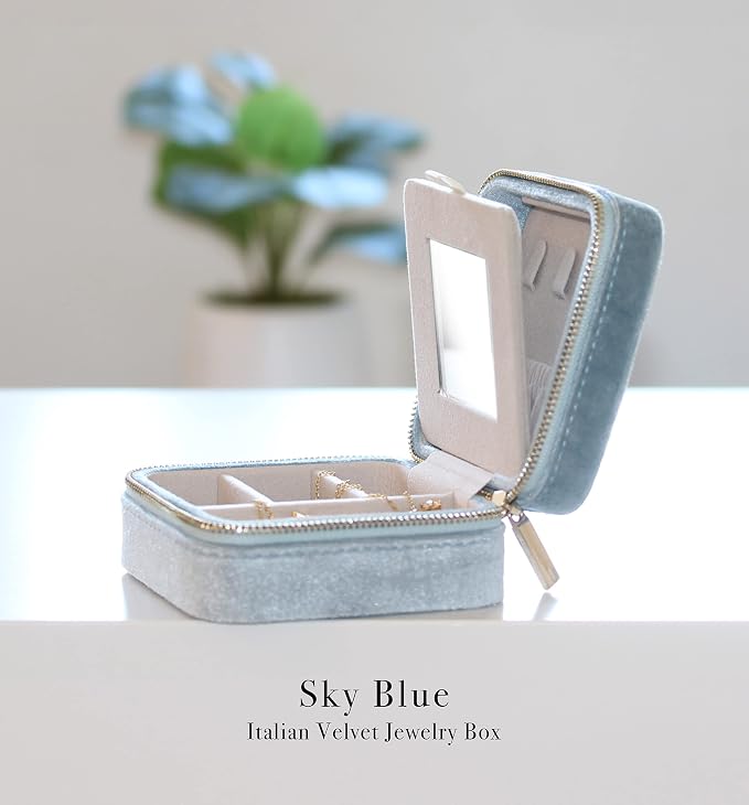 BLUTETE Travel Jewelry Box Organizer Velvet Travel Case With Mirror Ring Earrings Necklaces Storage Organizer Box (Sky Blue) - Image 2