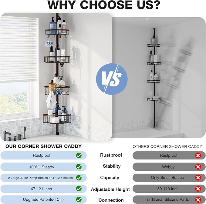 Corner Shower Caddy Tension Pole: Stainless Steel Rustproof 4-Tier Shower Organizer - 47-121 inch Adjustable Bathroom Shelves for Bathtub Shampoo Storage - Tension Rod Floor Standing Bath Rack -Bronze - Image 2