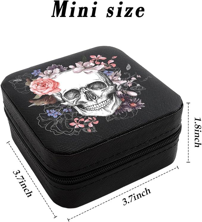 Skull Sugar Flowers Black Jewelry Box Portable Travel Jewelry Case Jewellery Organizer Storage Travel Essentials Earrings Box Ring Case Halloween Gifts for Women Girlboo Basket Stuffers - Image 2