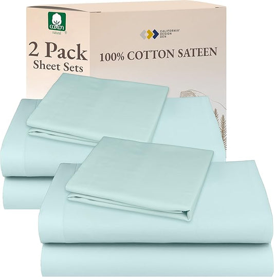 California Design Den 100% Cotton 2-Pack Twin XL Sheet Sets, Soft & Durable Extra Long Twin Bed Sheets Cotton with 12" Pockets, Twin XL Sheets with Sateen Sheets (Seafoam)