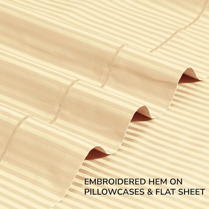 Feather & Stitch 500 TC Full Size Damask Bed Sheet Set, 100% Cotton Soft Breathable Bedsheets, 4 Piece 18" Deep Pockets Sateen Weave Striped Bedding Mattress Resort Hotel Luxury - (Semolina Stripe)