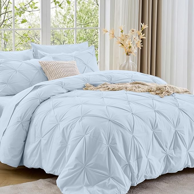 Sasttie California King Comforter Set, 7-Piece Bed in a Bag, Pintuck Bedding Sets for All Season, Includes Comforter, Flat Sheet, Fitted Sheet, Pillowcases and Pillowshams, Light Blue
