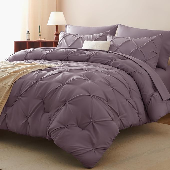 CozyLux Queen Comforter Set Grayish Purple, 7 Pieces Pintuck Bed in A Bag, Premium Purple Comforter Queen Size, Pinch Pleat Bedding Sets with Comforter, Sheets, Pillowcases & Shams