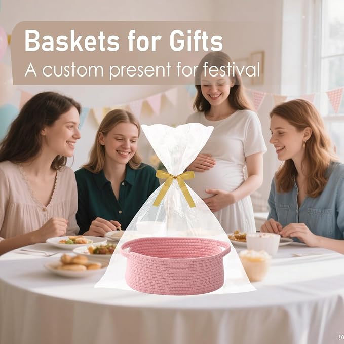 JMvicyroam Woven Basket,Small Rope Storage Bin with Handles & Ribbon Bag, Organizer for Shelves Closets,Gift Basket Empty for Birthday,Books,Dog Toys, Pink/2 Pack - Image 4