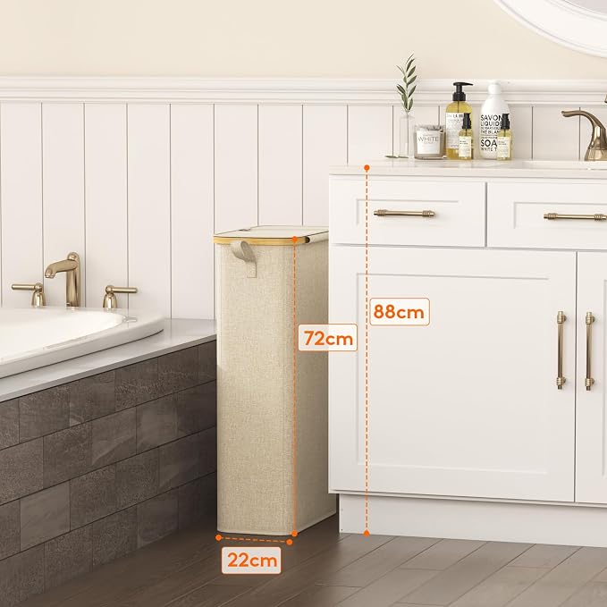 Lifewit 65L Slim Laundry Hamper with Lid, Narrow Laundry Basket with Removable Bag & Bamboo Handles, Fodable Thin Dirty Clothes Hamper for Laundry Collapsible Bin for Bathroom Bedroom Dorm, Beige - Image 2