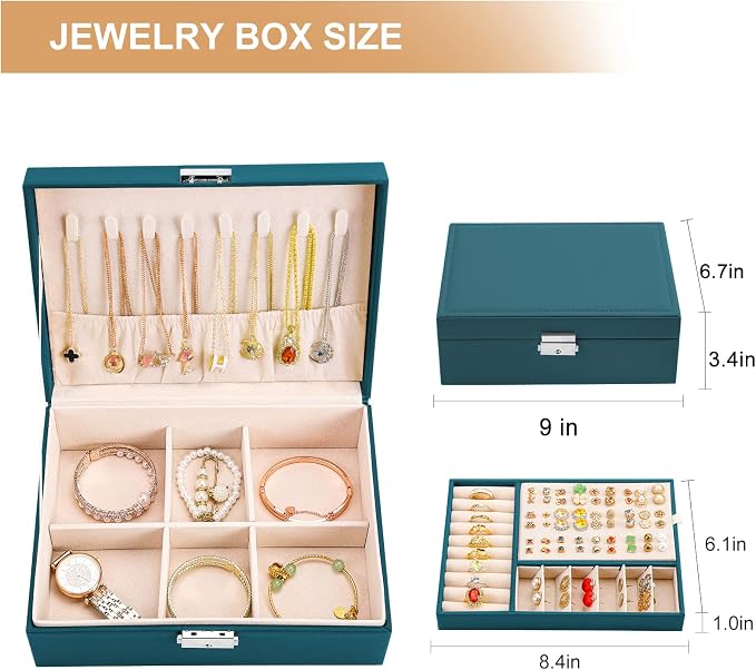 Jewelry Organizer Box Leather Jewelry Box for Girls Womens Earring Organizer with Lock Double Layers Jewelry Case Removable Tray for Necklace Earring Ring with Polishing Cloth and Jewelry Bags - Image 6