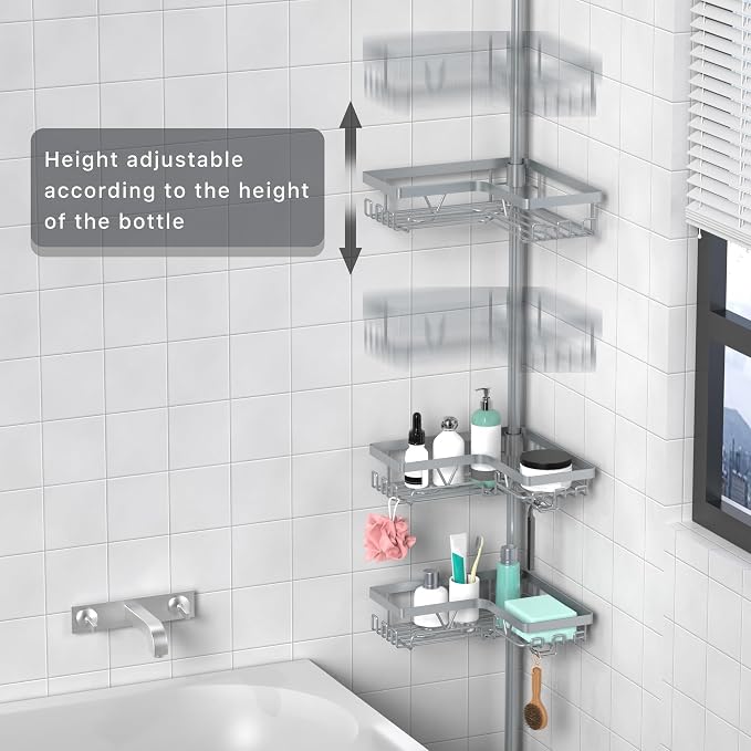 KEGII 4-Tier Corner Shower Caddy Tension Pole - Adjustable Shower Tension Rod Organizer, Floor to Ceiling Shower Caddy 25-114.2 inch, Shower Towel Rack Corner Waterproof, Light Gray - Image 2