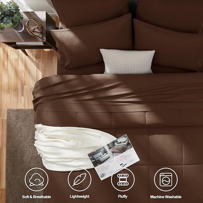 CozyLux Queen Comforter Set Brown, 7 Pieces Bed in a Bag, Brown Comforters Queen Size, All Season Bedding Sets with Stitch Quilted Comforter, Flat Sheet, Fitted Sheet, Pillowcases