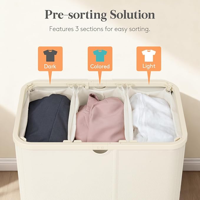 Lifewit 185L Large 3 Section Laundry Hamper with Lid, Plastic Laundry Basket with Bamboo Handles and Removable Bags, Tall Foldable Clothes Hamper for Bathroom Bedroom, White - Image 3