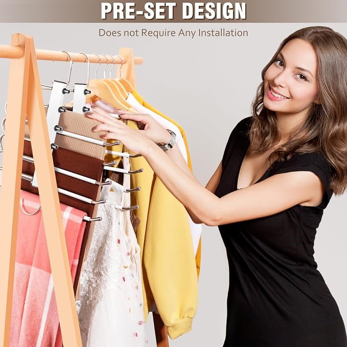 HUITEM 4 Pack 6-Tier Space Saving White Pant Hangers, Anti-Slip, Lightweight, Stainless Steel, Ideal for Closet Organization, Free Installation - Image 4