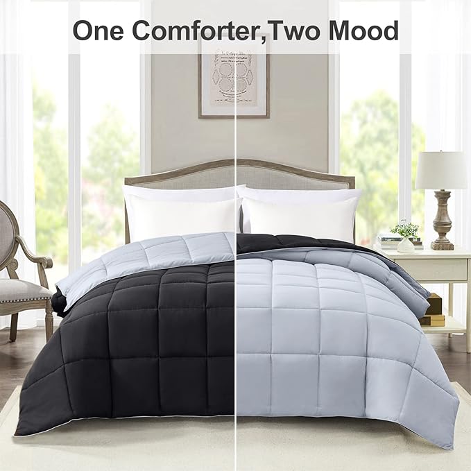 Homelike Moment Oversized Queen Comforter - Black Duvet Insert Down Alternative Bed Comforter, Lightweight Bedding Comforters Oversize Queen Quilted Soft All Season Reversible Black/Light Grey