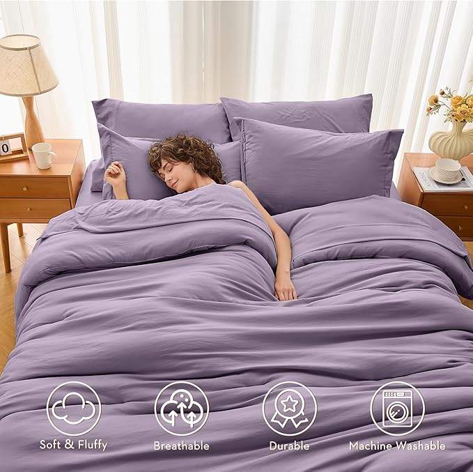MUXHOMO 7 Pieces Full Comforter Set, Soft Bed in a Bag Full Size, All Season Bedding Set with Comforter, Flat Sheet, Fitted Sheet, Pillowcases & Shams, Greyish Purple