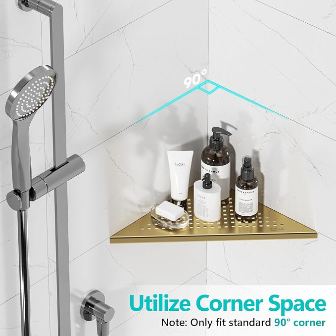 Qeke Bathroom Corner Shelf, Recessed 10" Shower Shelf Caddy, SUS304 Stainless Steel Shelf Wall Mount Triangular, No Drilling, Brushed Golden - Image 3