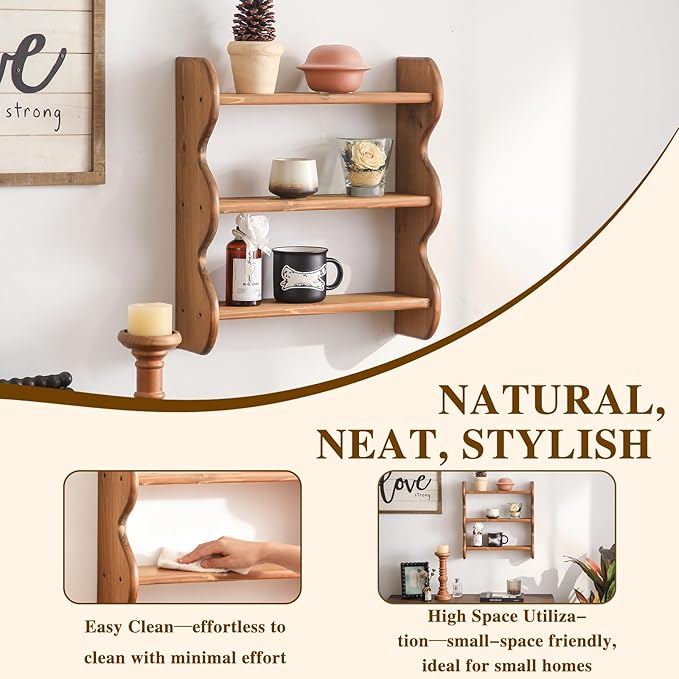 100% Solid Wood Wall Shelf 3-Tier, Rustic Floating Shelves Wall Mounted Storage Rack, Farmhouse Decor Hanging Shelf Display Shelves for Apartment, Living Room and Bedroom - Image 3