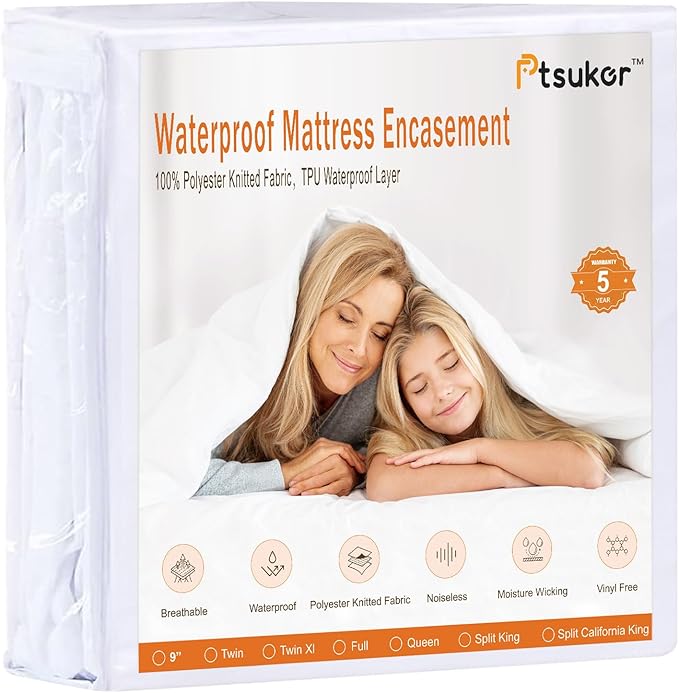 Dorm Twin XL Mattress Protector 39"x80" Zippered, Ptsuker 9 Inch Depth 6-Side Box Spring Encasement Cover,Breathable and Skin-Safe