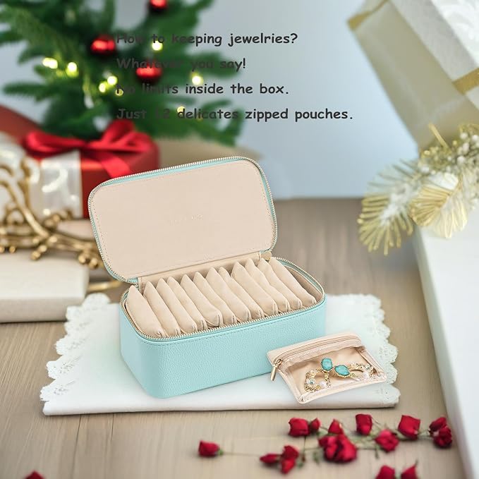 VLANDO Travel Jewelry Box Organizer – Portable PU Leather Jewelry Case with 6/8/12 Zippered Pouches, Compact Storage for Earrings Rings Necklaces Bracelets, Aqua Blue - Image 3