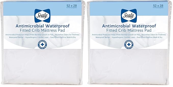 Sealy Baby Antimicrobial Fitted Waterproof Infant Crib Mattress Protector Pad and Toddler Bed Cover, Designed to Neutralize Odors, Machine Washable and Dryer Friendly, 52” x 28”- White (Pack of 2)