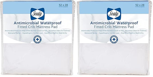 Sealy Baby Antimicrobial Fitted Waterproof Infant Crib Mattress Protector Pad and Toddler Bed Cover, Designed to Neutralize Odors, Machine Washable and Dryer Friendly, 52” x 28”- White (Pack of 2)