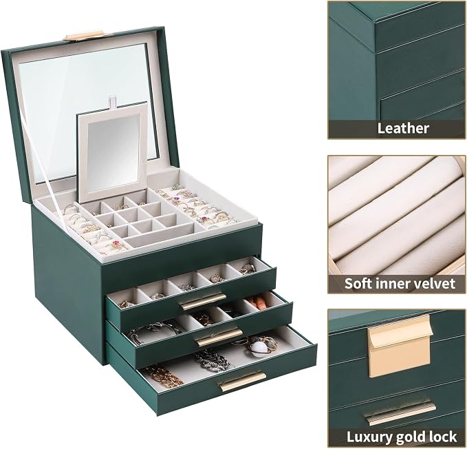 BOOVO Clear Lid Jewelry Box,4 Layers Jewelry Organizer Large Jewelry Storage Box with 3 Drawers,Jewelry Holder Organzier of Rings Earrings Necklace Bracelets for Women (Dark Green, 4 Layer) - Image 2