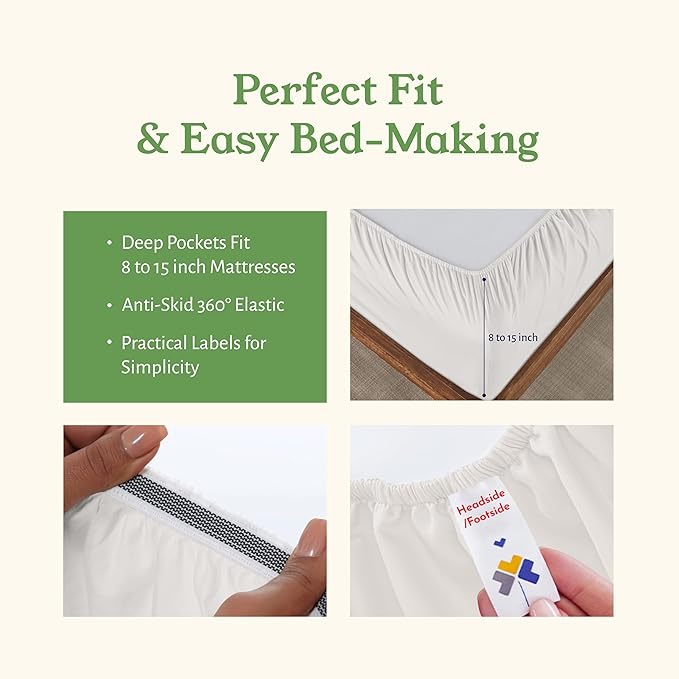 California Design Den Sheets Queen Size Bed Set - Soft 100% Organic Sheets with Deep Pockets, Crisp Percale, Breathable and Durable Bedding Set - True Ivory