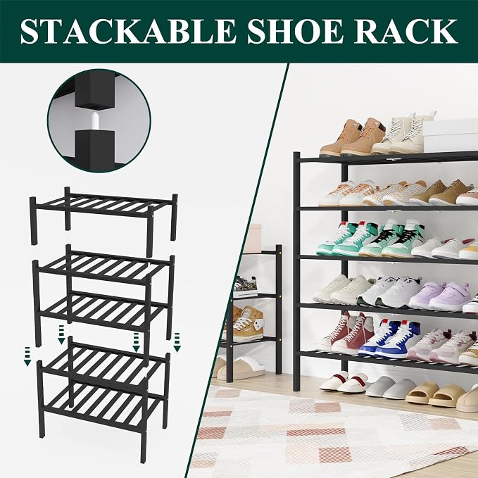 Smiry Shoe Rack, 5 Tier Long Bamboo Shoe Organizer, Stackable Free Standing Wooden Shoe Storage Shelf for Closet, Entryway, Front Door Entrance, Black - Image 4