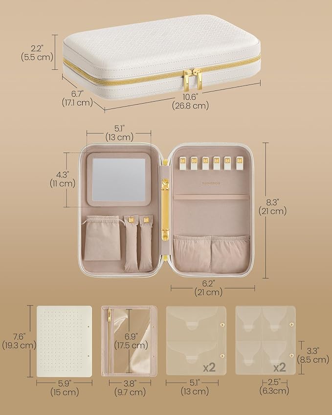 SONGMICS HOME Travel Jewelry Case, Jewelry Organizer Box with Mirror, Jewelry Pouch, Woven Embossed PU Leather, Hard Shell, Large Capacity, Gift Idea, Cloud White UJBC204W01 - Image 5