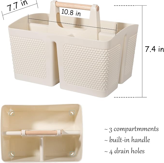 rejomiik Portable Shower Caddy Basket Plastic Cleaning Caddy Organizer Storage Tote with Handle for Bathroom, College, Dorm Room Essentials, Cream - Image 3